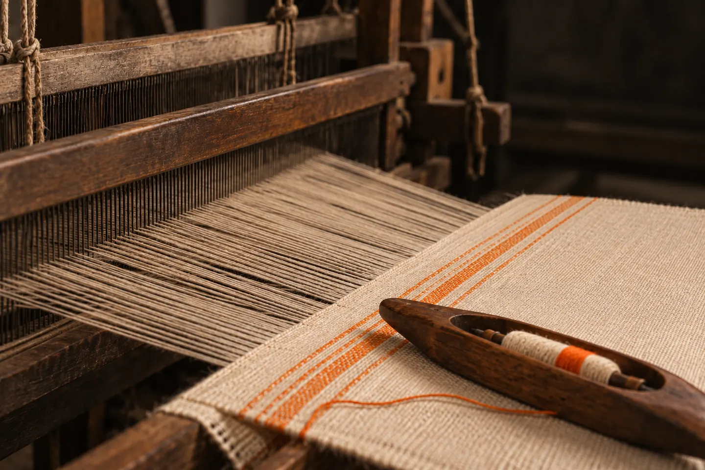 Wooden handloom and shuttle with cream woven cloth and orange stripes, without people