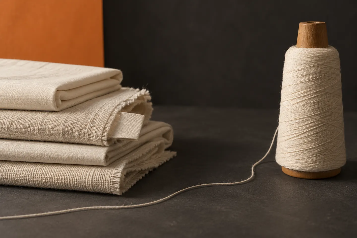Cream folded textiles and a wooden spool of natural yarn against charcoal and orange