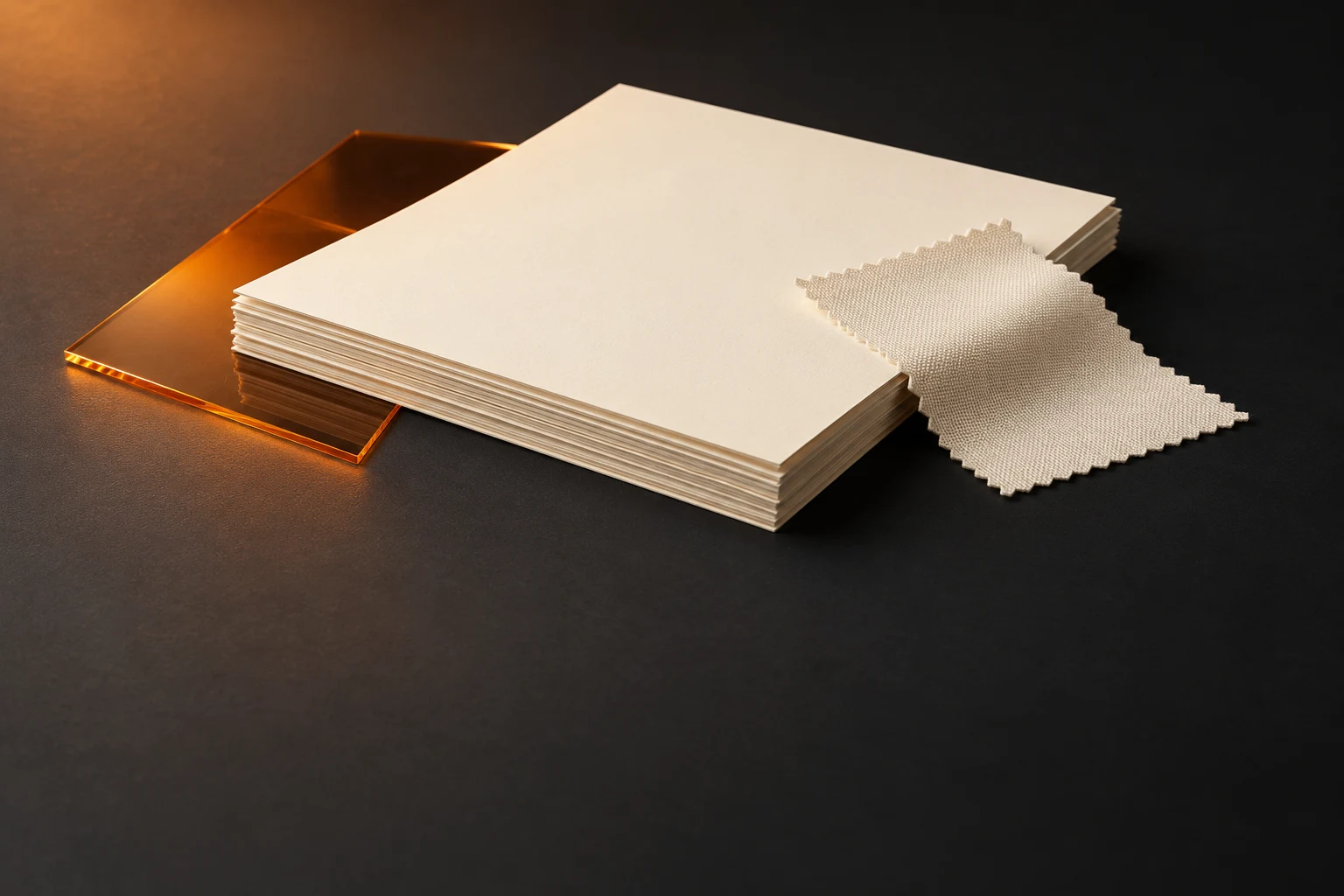 Illustrative record papers and a fabric swatch on a dark desk
